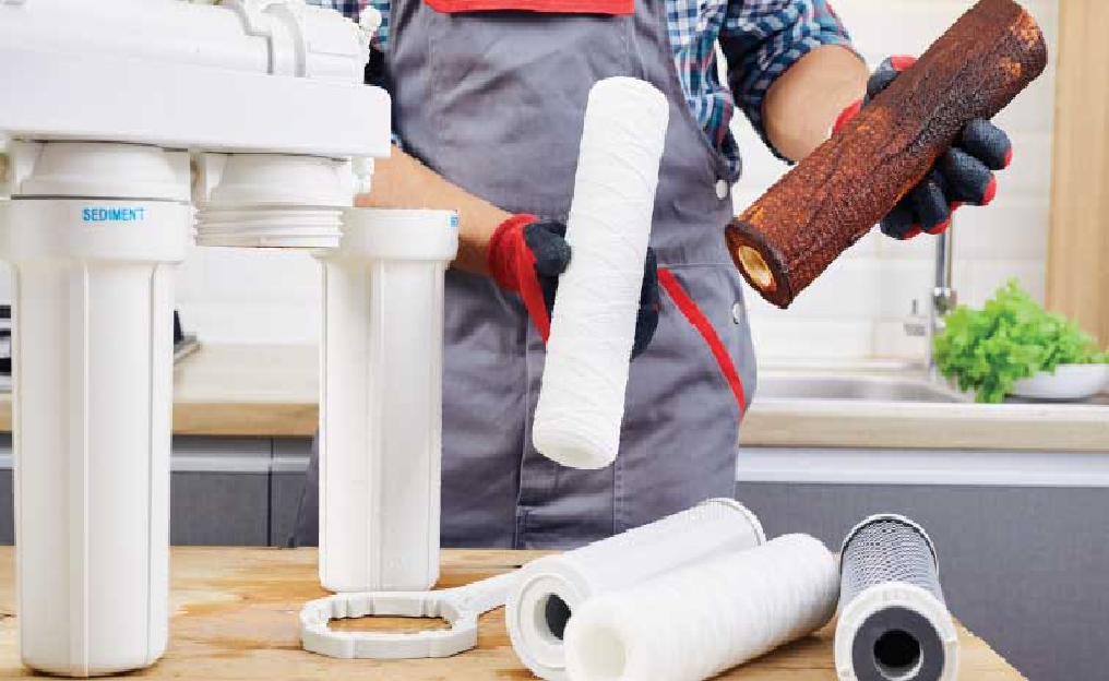Technician replacing RO filter cartridges